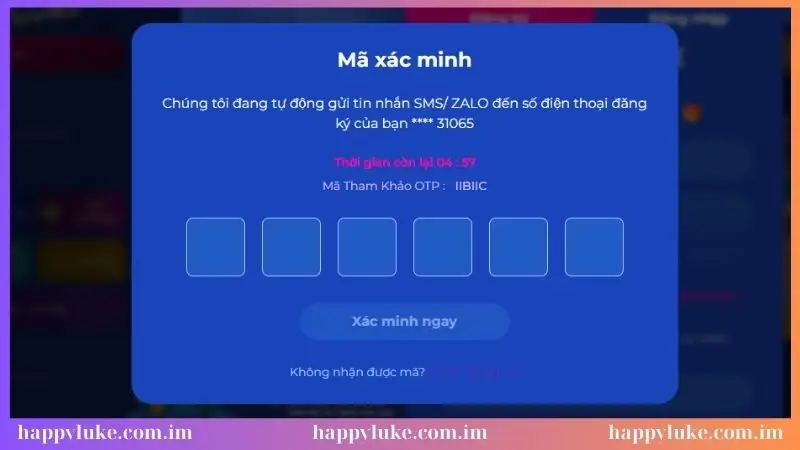 Nhập mã xác minh được gửi về số điện thoại